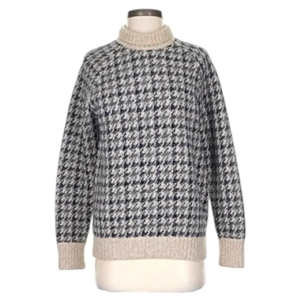 Theory Wool Houndstooth Luxury Beige Gray Mock Neck Crewneck Sweater Petite P